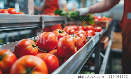 Close-up of workers operating machinery to can fruits or vegetables in a canning factory. 115441252