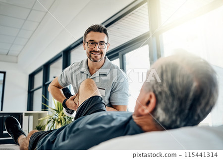 Physio therapy senior man and stretching leg for health, medical help and consultant with injury support. Consultation, chiropractor and healthcare with rehabilitation and care in doctor office Physio therapy senior man and stretching leg for health, medical help and consultant with injury support. Consultation, chiropractor and healthcare with rehabilitation and care in doctor office 115441314