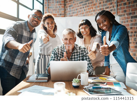 Thumbs up, laptop and portrait of business people in office for collaboration, about us and teamwork at startup. Creative, diversity and men and women with gesture for success, winning and agreement Thumbs up, laptop and portrait of business people in office for collaboration, about us and teamwork at startup. Creative, diversity and men and women with gesture for success, winning and agreement 115441315