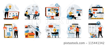 Web development concept with people scenes mega set in flat design. Bundle of character situations with wireframe site layout creation, engineering code and testing scripts. Vector illustrations. Web development concept with people scenes mega set in flat design. Bundle of character situations with wireframe site layout creation, engineering code and testing scripts. Vector illustrations. 115441342