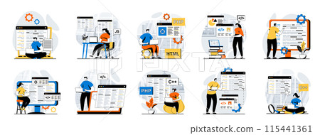 Software development web concept with people scenes mega set in flat design. Bundle of character situations with program and apps creating, engineering and optimization products. Vector illustrations. Software development web concept with people scenes mega set in flat design. Bundle of character situations with program and apps creating, engineering and optimization products. Vector illustrations. 115441361