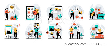 NFT token web concept with people scenes mega set in flat design. Bundle of character situations with digital art auction trading, buying virtual artwork at crypto marketplaces. Vector illustrations. NFT token web concept with people scenes mega set in flat design. Bundle of character situations with digital art auction trading, buying virtual artwork at crypto marketplaces. Vector illustrations. 115441399