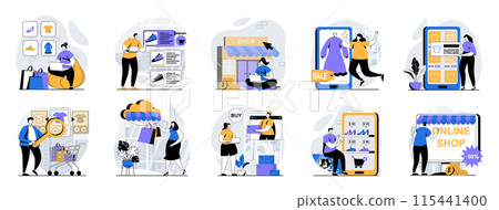 Mobile commerce web concept with people scenes mega set in flat design. Bundle of character situations with online shopping in app, making profitable purchases, paying online. Vector illustrations. 115441400