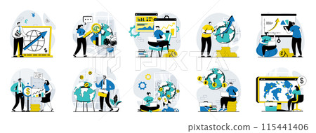 Global economic web concept with people scenes mega set in flat design. Bundle of character situations with developing international business, researching worldwide market trend. Vector illustrations. 115441406