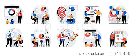 Focus group web concept with people scenes mega set in flat design. Bundle of character situations with marketing research, study customer behavior, doing communication strategy. Vector illustrations. Focus group web concept with people scenes mega set in flat design. Bundle of character situations with marketing research, study customer behavior, doing communication strategy. Vector illustrations. 115441408