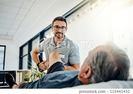 Physiotherapy, senior man and stretching leg for wellness, medical and consultant with injury support. Consultation, chiropractor and physical therapy with rehabilitation and care in doctor office Physiotherapy, senior man and stretching leg for wellness, medical and consultant with injury support. Consultation, chiropractor and physical therapy with rehabilitation and care in doctor office 115441432