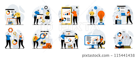 Data science web concept with people scenes mega set in flat design. Bundle of character situations with chart reports research, scientist monitoring and working with databases. Vector illustrations. Data science web concept with people scenes mega set in flat design. Bundle of character situations with chart reports research, scientist monitoring and working with databases. Vector illustrations. 115441438
