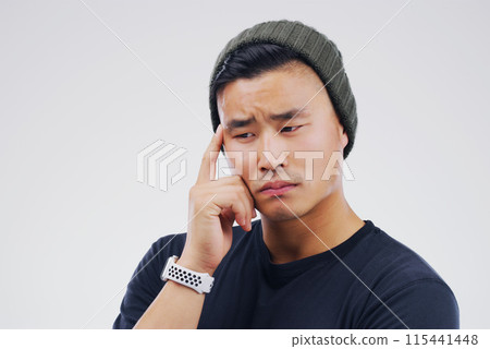 Asian man, hand and thinking of idea in studio for decision, contemplate and thoughts of introspection. Male person, doubt and future career with choice isolated and white background with mock up Asian man, hand and thinking of idea in studio for decision, contemplate and thoughts of introspection. Male person, doubt and future career with choice isolated and white background with mock up 115441448