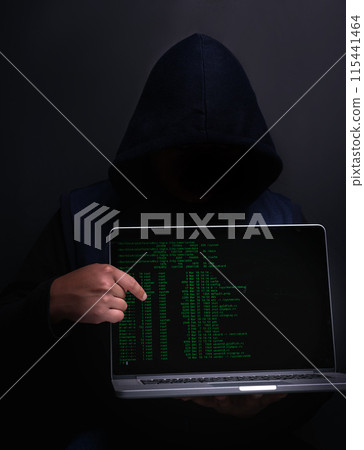 Laptop, screen and hacker with database in studio for cybersecurity, ransomware or crime in coding. Cyber attack, person and fraud with technology for firewall, malware or hacking on black background 115441464