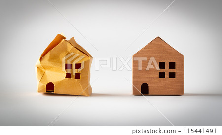 Damaged house and new house Earthquake resistant residence Damaged house and new house Earthquake resistant residence 115441491