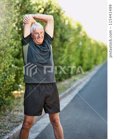 Portrait, senior man and stretching arms for fitness ready for workout, exercise or training in road. Mature person, warm up and prepare for physical activity, running or cardio with smile outdoor 115441499