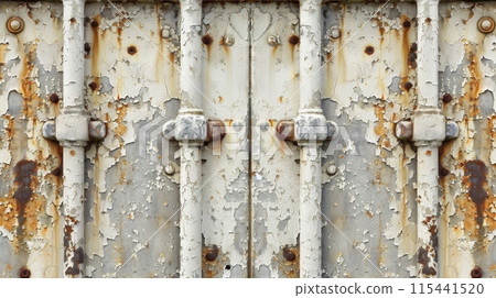 Textured background of a weathered metal door with symmetrical rusted hinges and peeling paint 115441520