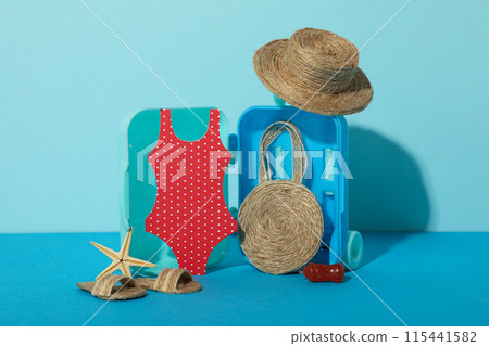 Concept of summer vacation, suitcase and other accessories. Concept of summer vacation, suitcase and other accessories. 115441582