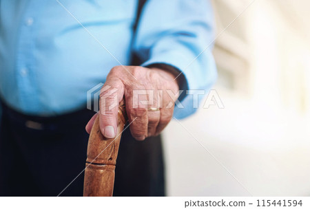 Retirement and senior man with walking stick in closeup for balance, support and wellness in old age. Health and male person with disability and cane for help, rehabilitation and recovery from stroke Retirement and senior man with walking stick in closeup for balance, support and wellness in old age. Health and male person with disability and cane for help, rehabilitation and recovery from stroke 115441594