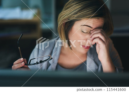 Tired woman, headache and night with stress in financial crisis, anxiety or burnout at office. Frustrated female person, business employee or migraine in depression, debt or working late for deadline 115441600