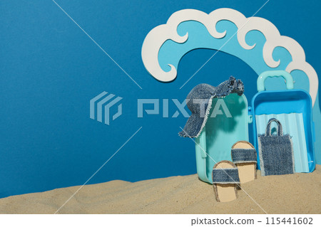 Concept of summer vacation, suitcase and other accessories. Concept of summer vacation, suitcase and other accessories. 115441602