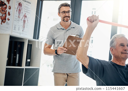 Rehabilitation, physiotherapist and old man with resistance band, stretching and assessment check on clipboard. Physio, therapist and elderly patient for mobility training, exercise and exam report. 115441607