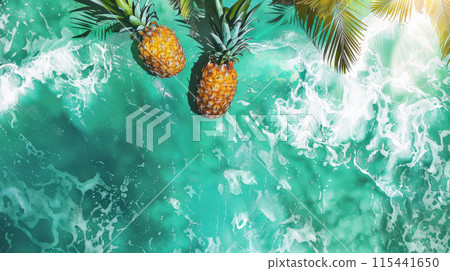A tropical party template with tropical imagery and two pineapples floating on a clear sea A tropical party template with tropical imagery and two pineapples floating on a clear sea 115441650