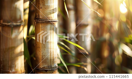 Close-up of bamboo stems with natural patterns, illuminated by warm sunlight 115441665
