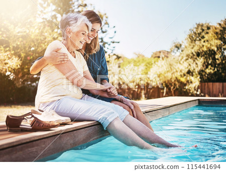 Mother, daughter and happiness by pool for bonding, hug or relax with lens flare in garden. Senior mom, woman and outdoor with smile for wellness, family with embrace or love and feet in water Mother, daughter and happiness by pool for bonding, hug or relax with lens flare in garden. Senior mom, woman and outdoor with smile for wellness, family with embrace or love and feet in water 115441694