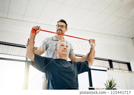 Exercise, physiotherapist and old man with resistance band, stretching and senior care rehabilitation. Physio, caregiver and elderly patient for mobility training, healthcare and help in retirement. 115441717