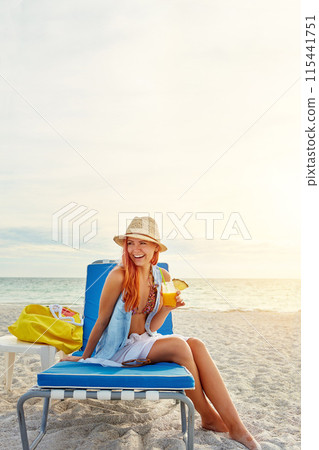 Sea, chair and happy woman with cocktail on vacation, travel and summer holiday outdoor on island in Maldives. Beach, laughing and tourist girl with alcohol fruit drink at ocean mockup space to relax 115441751