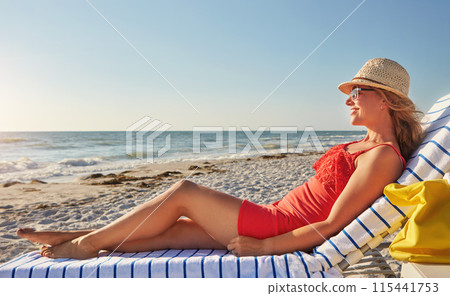 Travel, woman and happy on chair at beach for tropical island, holiday or outdoor adventure. Female person, relax and smile with thinking by ocean for summer vacation, tourism or weekend trip in Bali Travel, woman and happy on chair at beach for tropical island, holiday or outdoor adventure. Female person, relax and smile with thinking by ocean for summer vacation, tourism or weekend trip in Bali 115441753