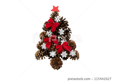 Isolated Christmas tree made from natural cones on colored background, view from above. New Year minimal concept with copy space 115442027