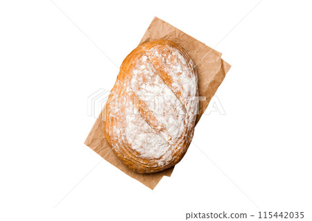 Fresh Homemade Whole Wheat Bread. bread on napkin isolated on white background, fresh bread top view Fresh Homemade Whole Wheat Bread. bread on napkin isolated on white background, fresh bread top view 115442035