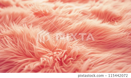 a close-up of a textured surface with soft, fluffy fibers in shades of pink and coral. 115442072