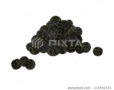 Black pepper peas. Aromatic seasoning. Pile of spices. Peppercorn heap. Watercolor illustration. Ingredient for decor, cooking recipe. Dried spice for medicine, food 115442131