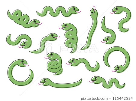 Cute green snake illustration set (black border) Cute green snake illustration set (black border) 115442554