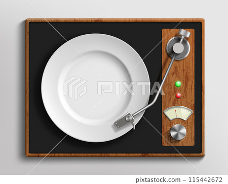 Empty food plate on record player Empty food plate on record player 115442672
