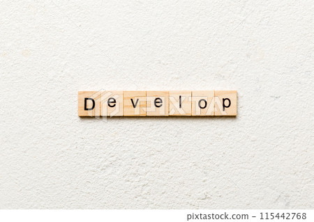 Develop word written on wood block. Develop text on cement table for your desing, concept Develop word written on wood block. Develop text on cement table for your desing, concept 115442768