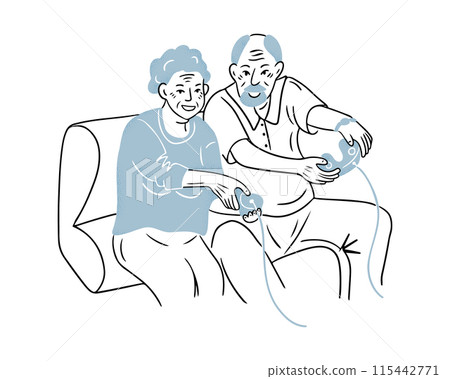 Elder happy man and woman playing video games and sitting on couch. Contrast doodle illustration isolated on white background. Vector outline drawing of active aging for logo, sticker Elder happy man and woman playing video games and sitting on couch. Contrast doodle illustration isolated on white background. Vector outline drawing of active aging for logo, sticker 115442771