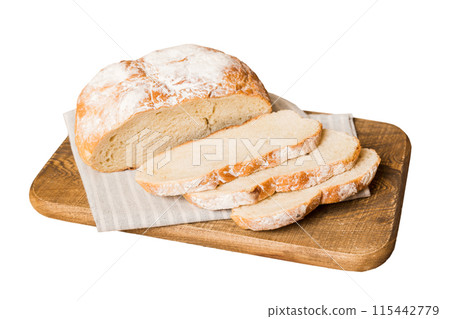 Assortment of freshly sliced baked bread with napkin isolated on white background. Healthy unleavened bread. French bread slice 115442779