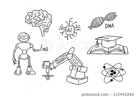 Science contour doodle collection with robot and robotic hand. Monochrome educational outline stickers. Clipart of sketchy outline drawings isolated on white background Science contour doodle collection with robot and robotic hand. Monochrome educational outline stickers. Clipart of sketchy outline drawings isolated on white background 115442848