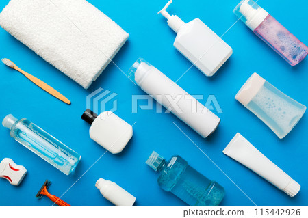 Mockup for bathing products top view flat lay, spa razor, toothpaste, soap, gel and other various accessories. Cosmetics for skin health. Bath Mockup for your logo Mockup for bathing products top view flat lay, spa razor, toothpaste, soap, gel and other various accessories. Cosmetics for skin health. Bath Mockup for your logo 115442926