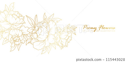Golden peony flowers line art isolated on white background. Luxury floral design elements for invitation, wedding, wallpaper, print template, vector illustration 115443028