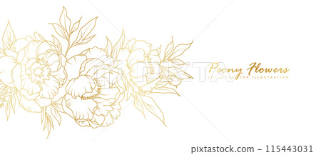 Golden peony flowers line art isolated on white background. Luxury floral design elements for invitation, wedding, wallpaper, print template, vector illustration Golden peony flowers line art isolated on white background. Luxury floral design elements for invitation, wedding, wallpaper, print template, vector illustration 115443031
