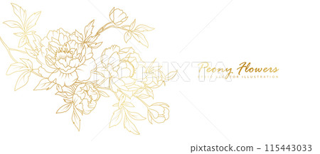 Golden peony flowers line art isolated on white background. Luxury floral design elements for invitation, wedding, wallpaper, print template, vector illustration Golden peony flowers line art isolated on white background. Luxury floral design elements for invitation, wedding, wallpaper, print template, vector illustration 115443033