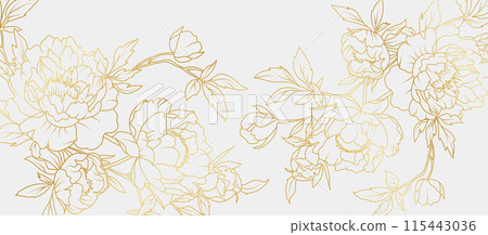 Luxury gold peony flowers background. Floral pattern tropical in line art style for greeting, invitation, wedding card, wall art, wallpaper and print. Vector illustration 115443036