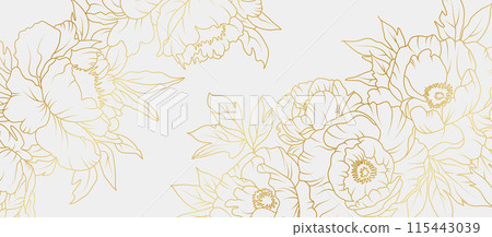 Luxury gold peony flowers background. Floral pattern tropical in line art style for greeting, invitation, wedding card, wall art, wallpaper and print. Vector illustration 115443039