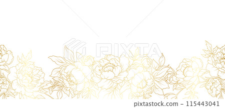 Peony flowers border gold frame. Luxury golden floral template, peonies vector gold line on white background, vector illustration 115443041