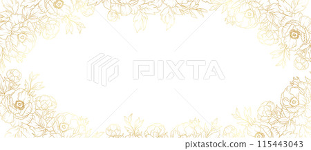 Peony flowers border gold frame. Luxury golden floral template, peonies vector gold line on white background, vector illustration 115443043