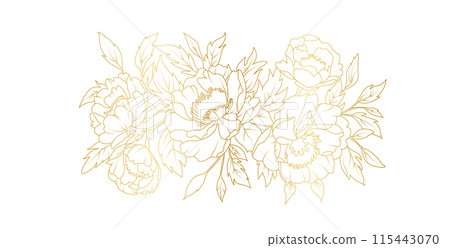 Golden peony flowers line art isolated on white background. Luxury floral design elements for invitation, wedding, wallpaper, print template, vector illustration 115443070