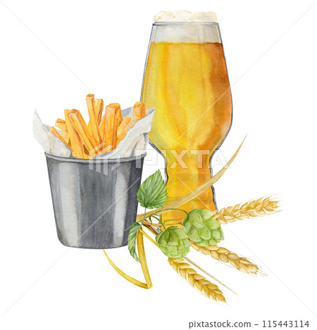 Composition with shaped glass of beer, snack bucket of French Fries and malt and hop Composition with shaped glass of beer, snack bucket of French Fries and malt and hop 115443114