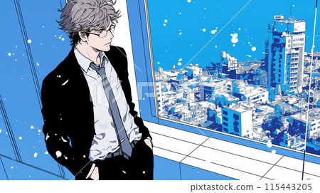 An office worker looking down from a high-rise office window 115443205