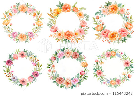 Set Watercolor mockup floral shop logo. White background 115443242