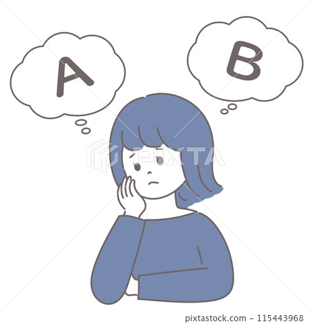 Illustration of a young woman struggling to choose between A and B Illustration of a young woman struggling to choose between A and B 115443968